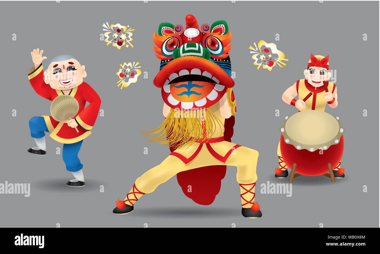 Gli uomini felici di eseguire Cinese tradizionale danza del leone. Illustrazione Vettoriale