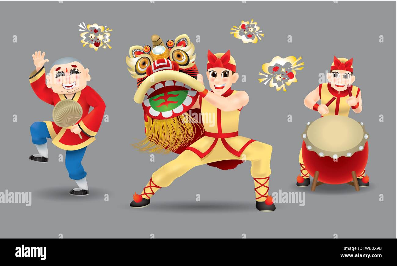 Gli uomini felici di eseguire Cinese tradizionale danza del leone. Illustrazione Vettoriale