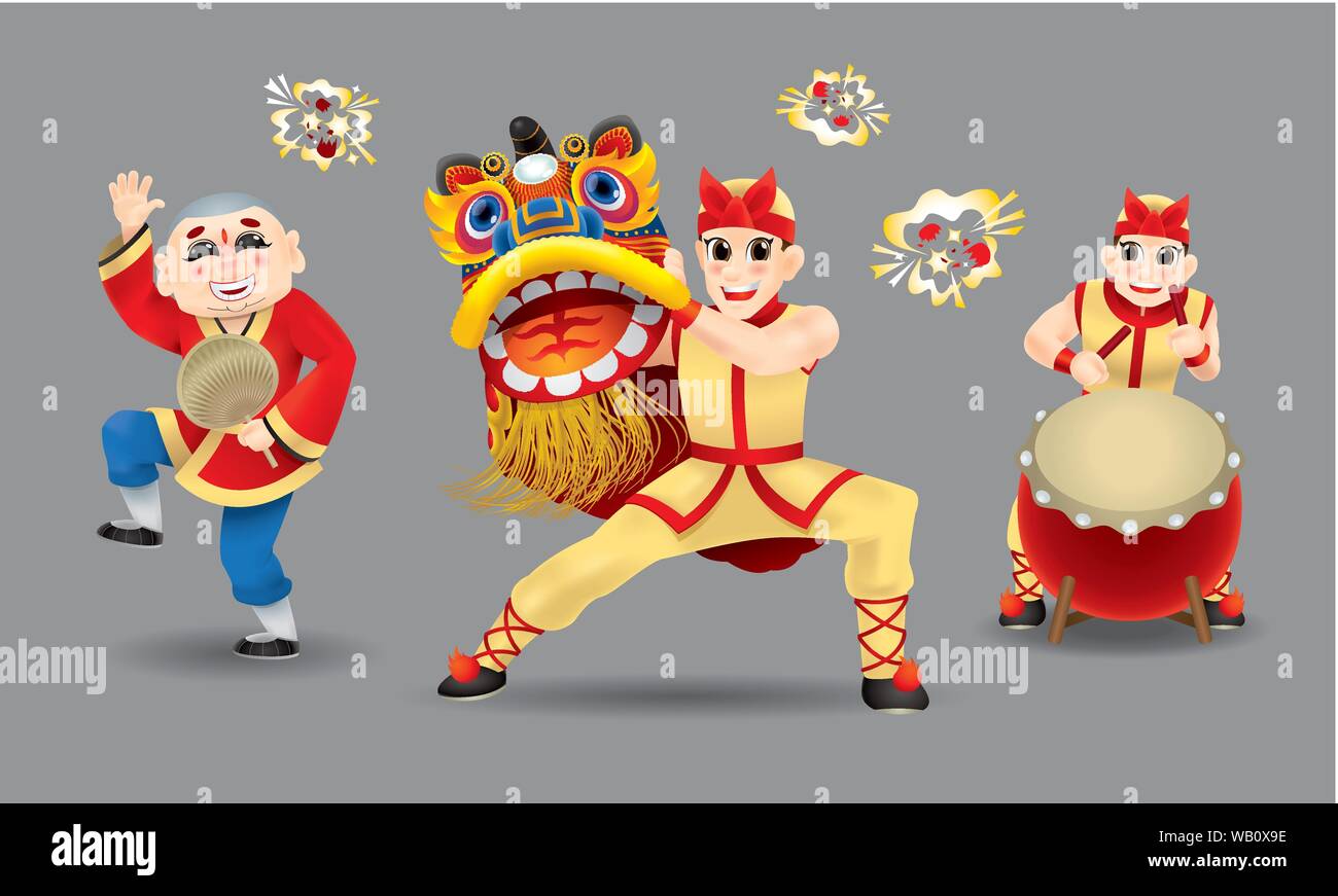 Gli uomini felici di eseguire Cinese tradizionale danza del leone. Illustrazione Vettoriale