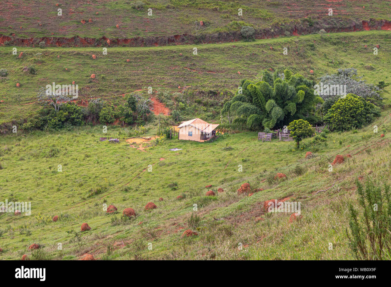 Piccolo e isolato agriturismo nel mezzo del campo verde e colline, Minas Gerais, Brasile Foto Stock