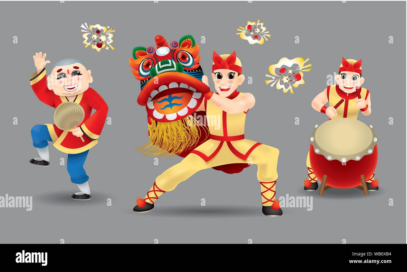 Gli uomini felici di eseguire Cinese tradizionale danza del leone. Illustrazione Vettoriale