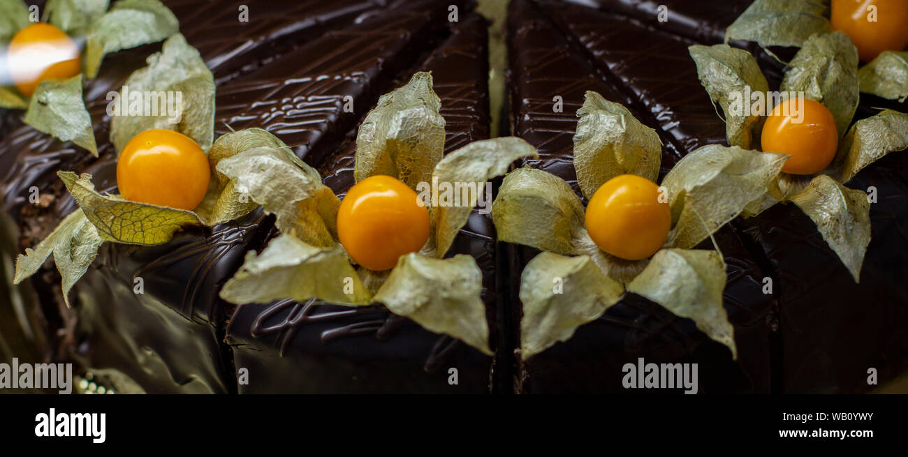 Physalis frutto secco con petali torta al cioccolato decorazione, close-up biscotto dessert food design Foto Stock