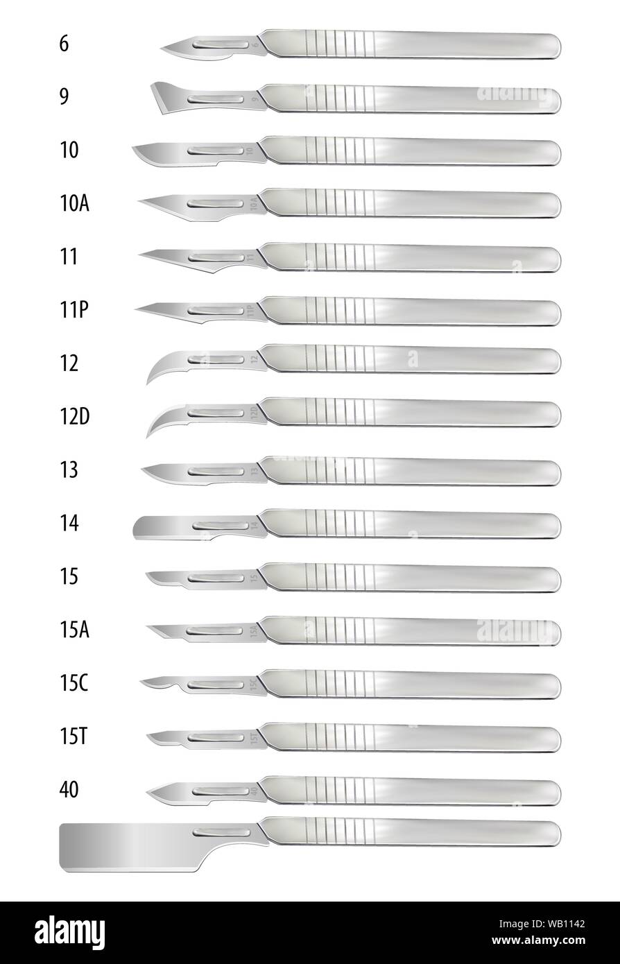 Set di bisturi chirurgico con lame rimovibili di diverse forme. Serie di  lame per la maniglia numero 3. Generalmente accettata di numerazione  Immagine e Vettoriale - Alamy