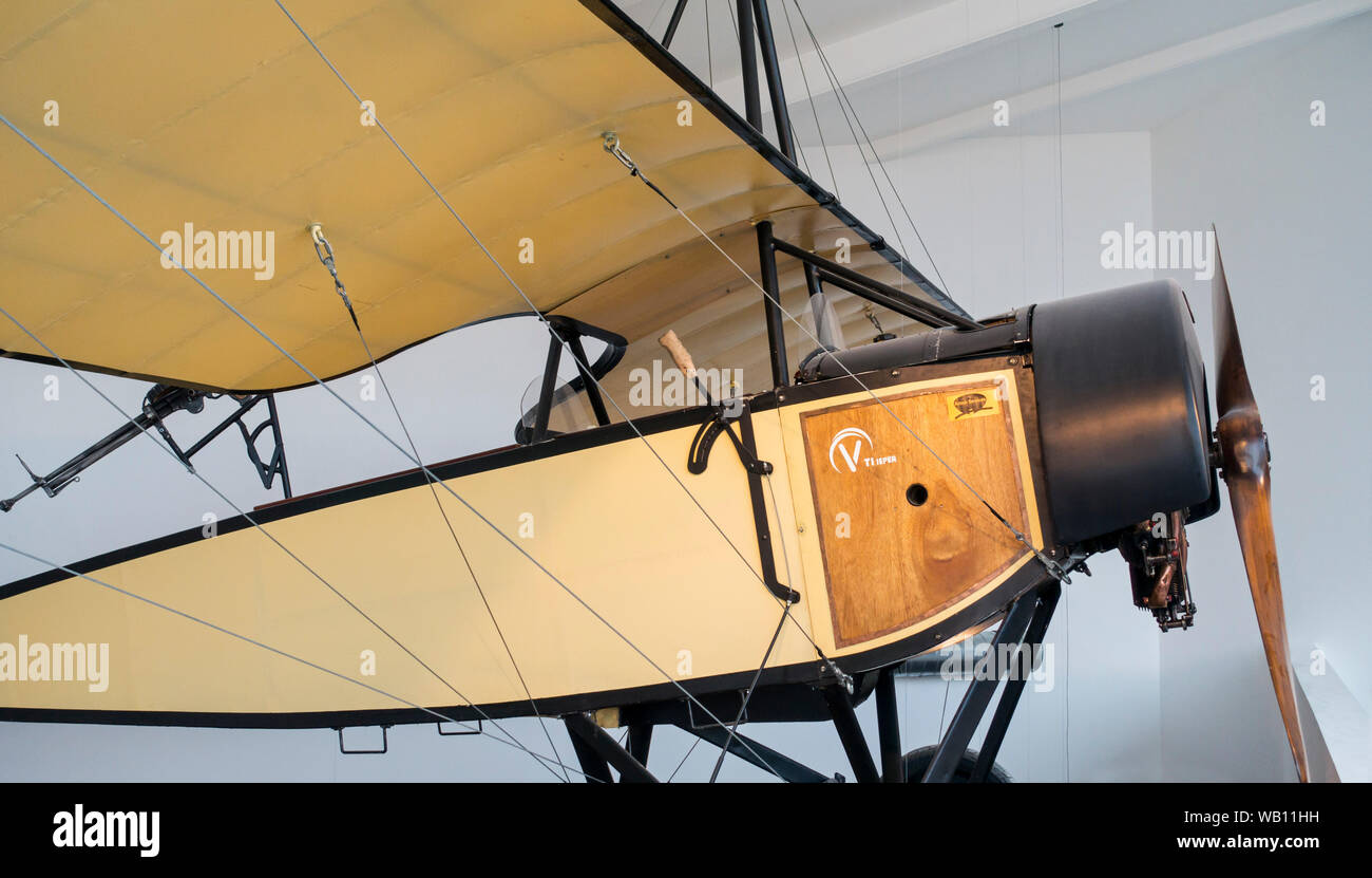 Replica di WWI Morane-Saulnier L presso il padiglione Guynemer, museo di WW1 flying ace pilota da caccia Georges Guynemer, Poelkapelle, Fiandre, in Belgio Foto Stock