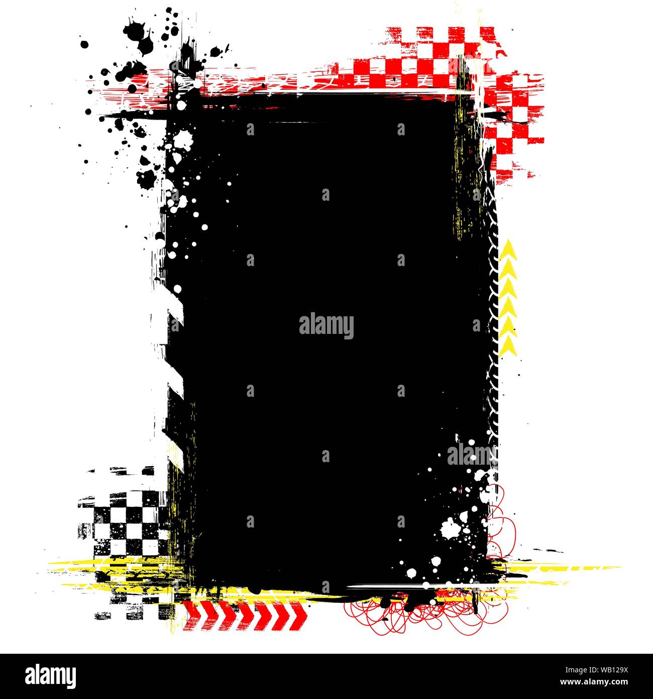 Nero rettangolo grunge telaio con macchie di inchiostro rosso e giallo elementi di gara Illustrazione Vettoriale