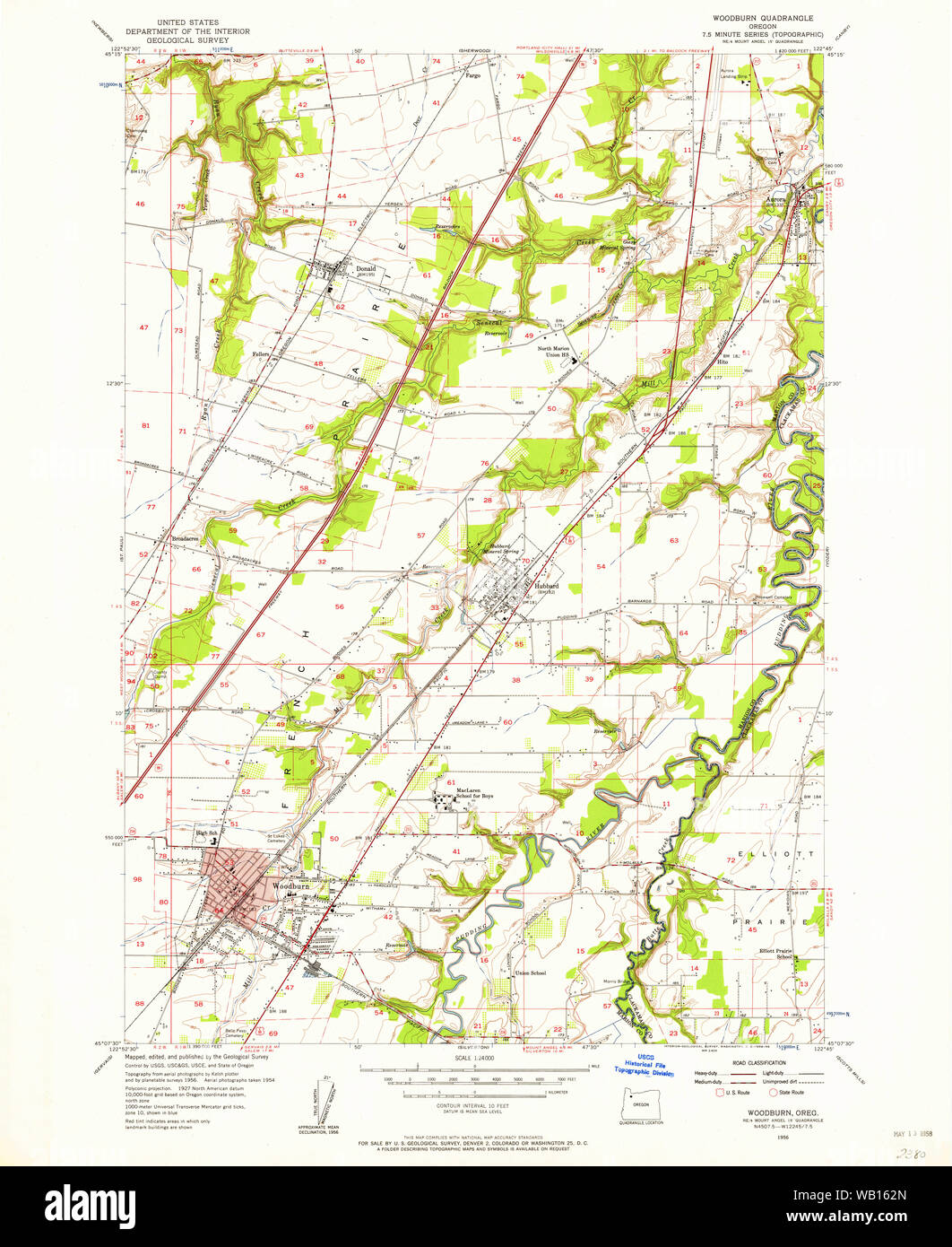 USGS TOPO Map Oregon Woodburn 282143 1956 24000 Restauro Foto Stock