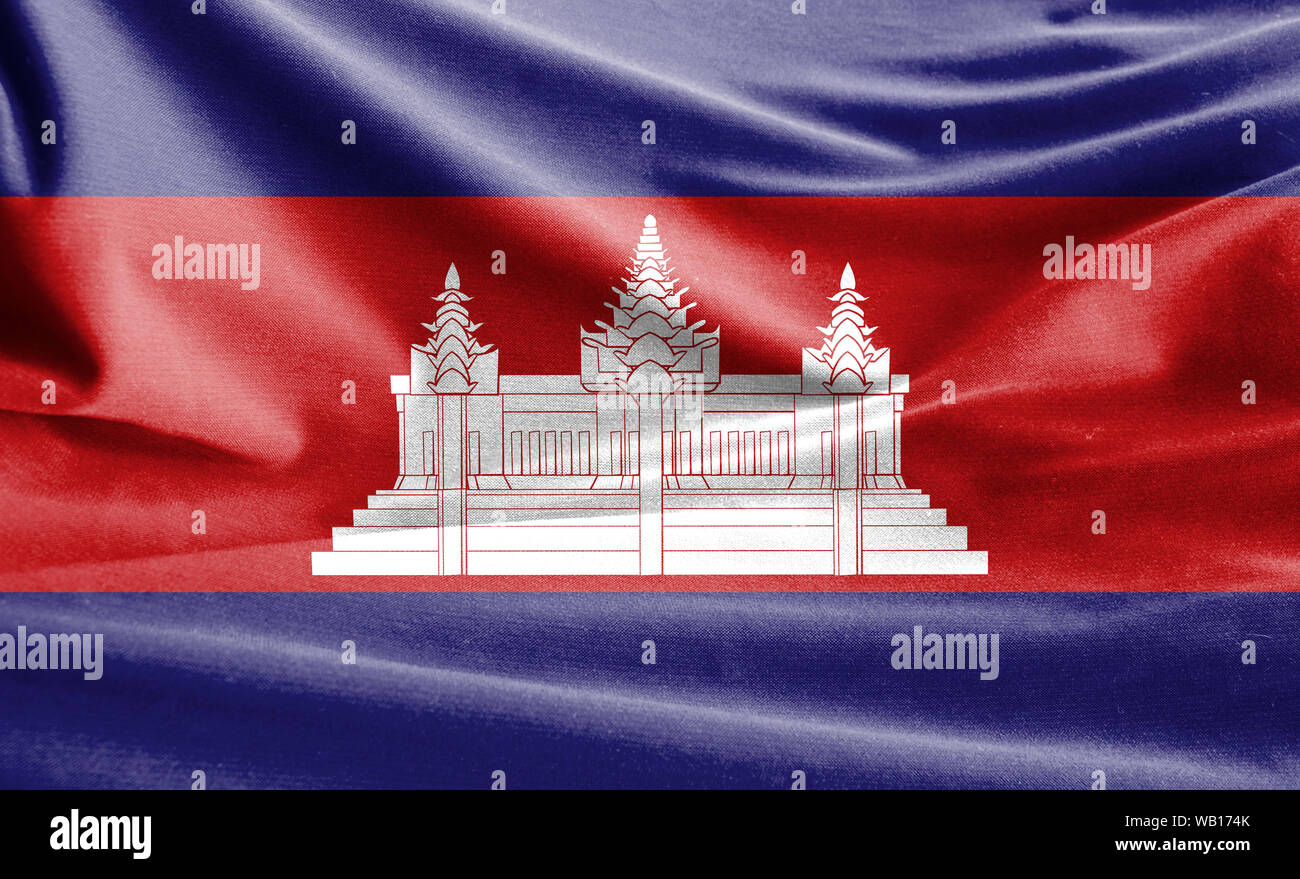 Bandiera realistica della Cambogia sulla superficie ondulata di tessuto Foto Stock