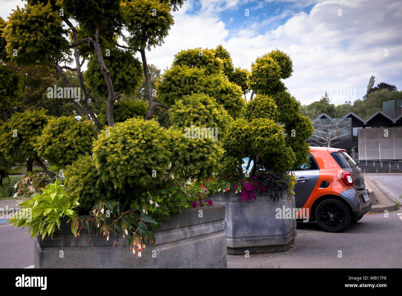 Vasi per piante in giardini del centro termale, parcheggiato Smart Auto, Aachen, Renania settentrionale-Vestfalia (Germania). Pflanzkuebel im Kurpark, geparkter Smart, Aachen, Nordrhein Foto Stock