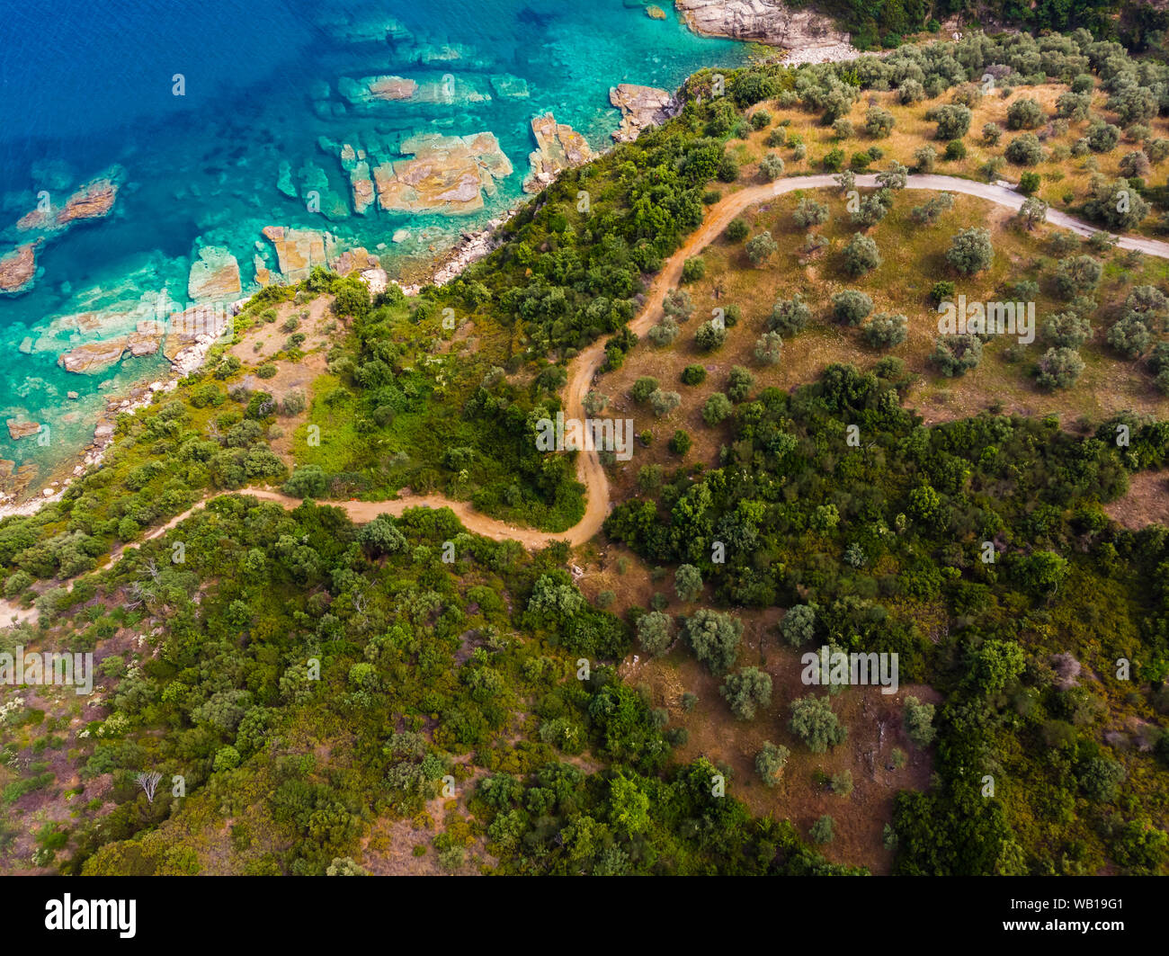 La Grecia, Pelion, Pagasetic Gulf, vista aerea di costa Pelion Foto Stock