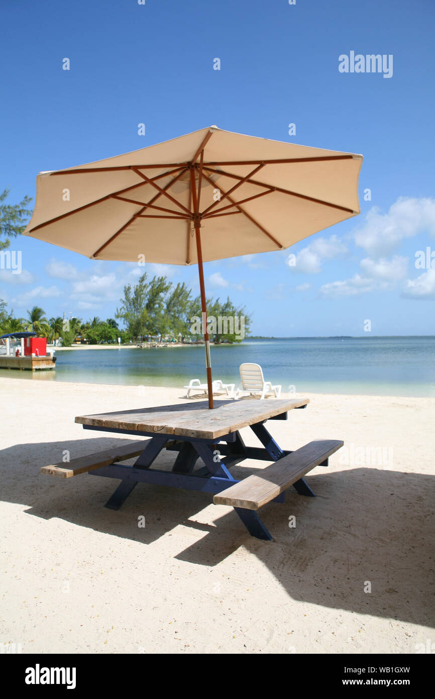 Tavolo da picnic ombrello sotto il sole tropicale Foto Stock