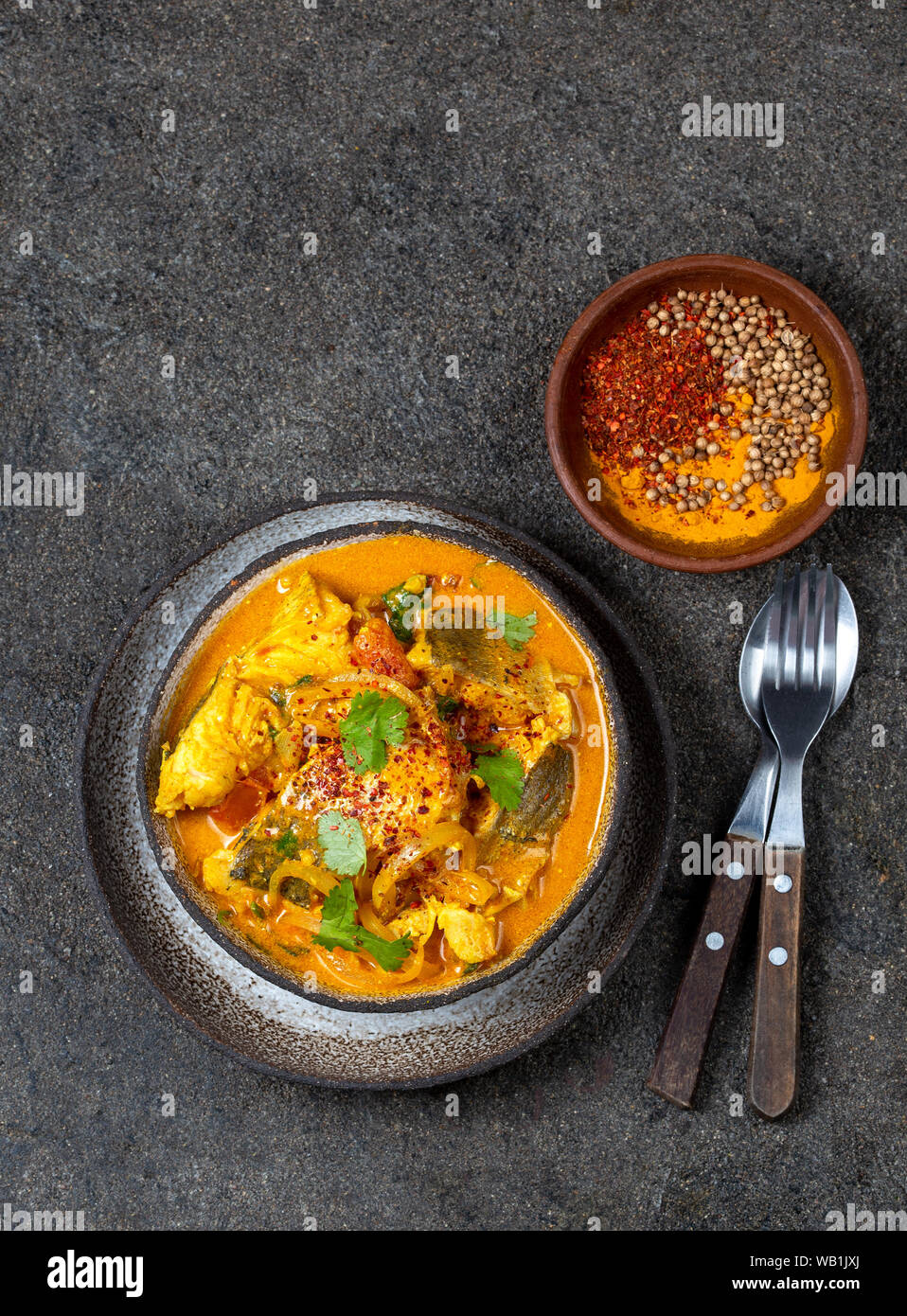 Cibo indiano. Tradizionale del Kerala, pesce al curry con pane naan, lastra grigia, sfondo nero Foto Stock