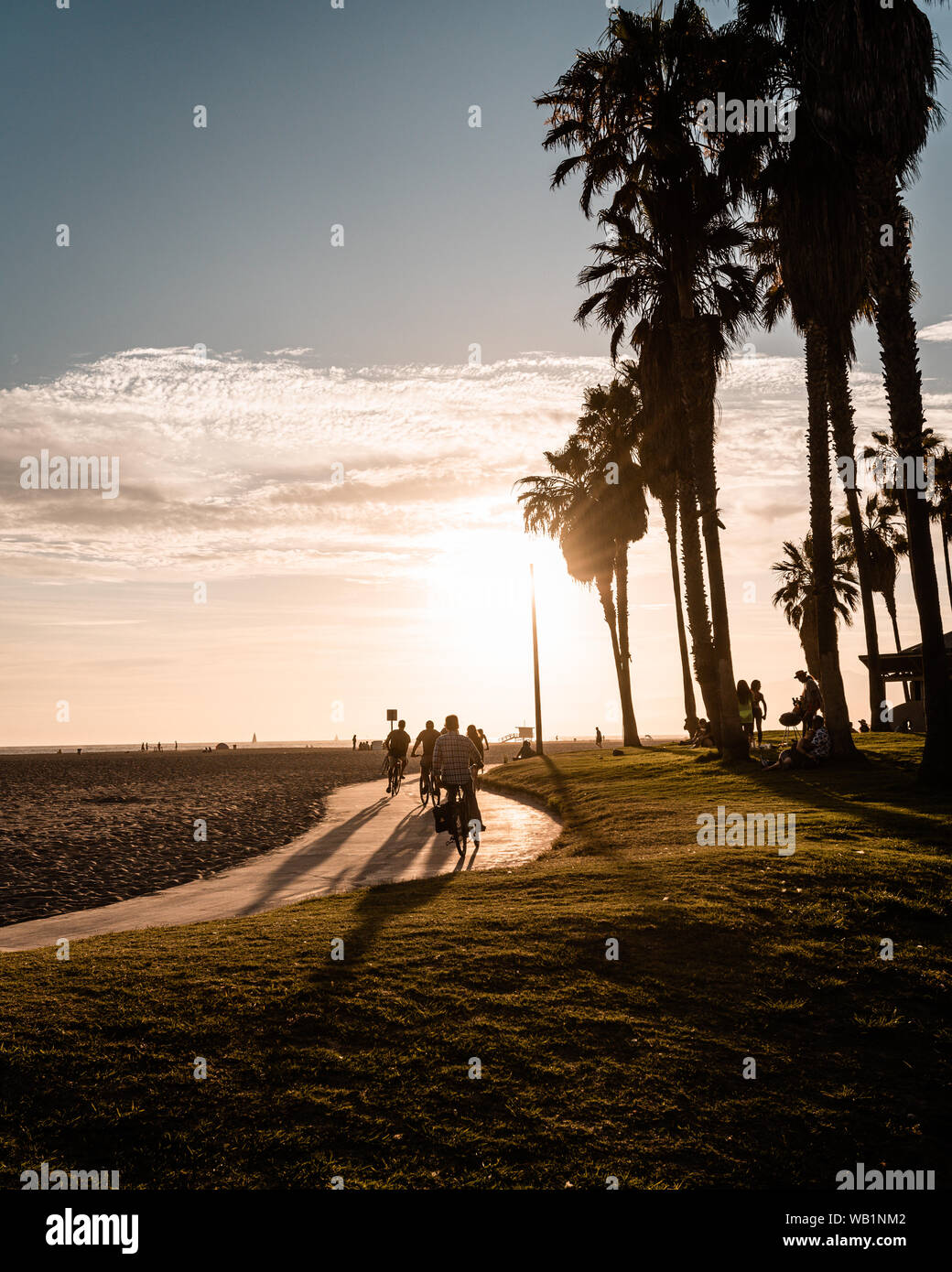 LOS ANGELES, Stati Uniti d'America - 03 agosto 2019: I ciclisti a Venezia spiaggia al tramonto in estate a Los Angeles Stati Uniti d'America Foto Stock