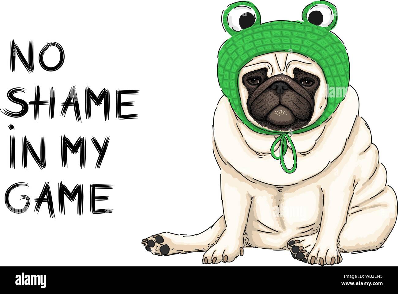 Disegnata a mano illustrazione vettoriale di graziosi cool pug cucciolo di cane, sedendosi con verde rana a crochet del cofano e del testo senza vergogna nel mio gioco Illustrazione Vettoriale