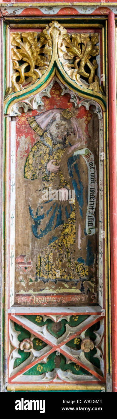 Dettaglio del XV secolo che mostra la schermata del vecchio testamento profeta Lazzaro, alla Chiesa di Tutti i Santi, Thornham in North Norfolk. Foto Stock
