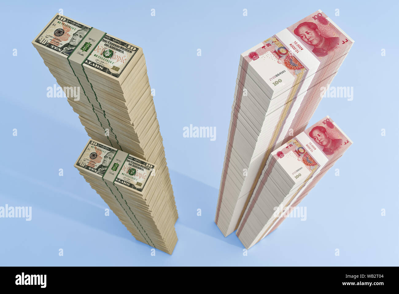 100 cinese Yuan fatture e 100 fatture del dollaro. - Il rendering 3D Foto Stock