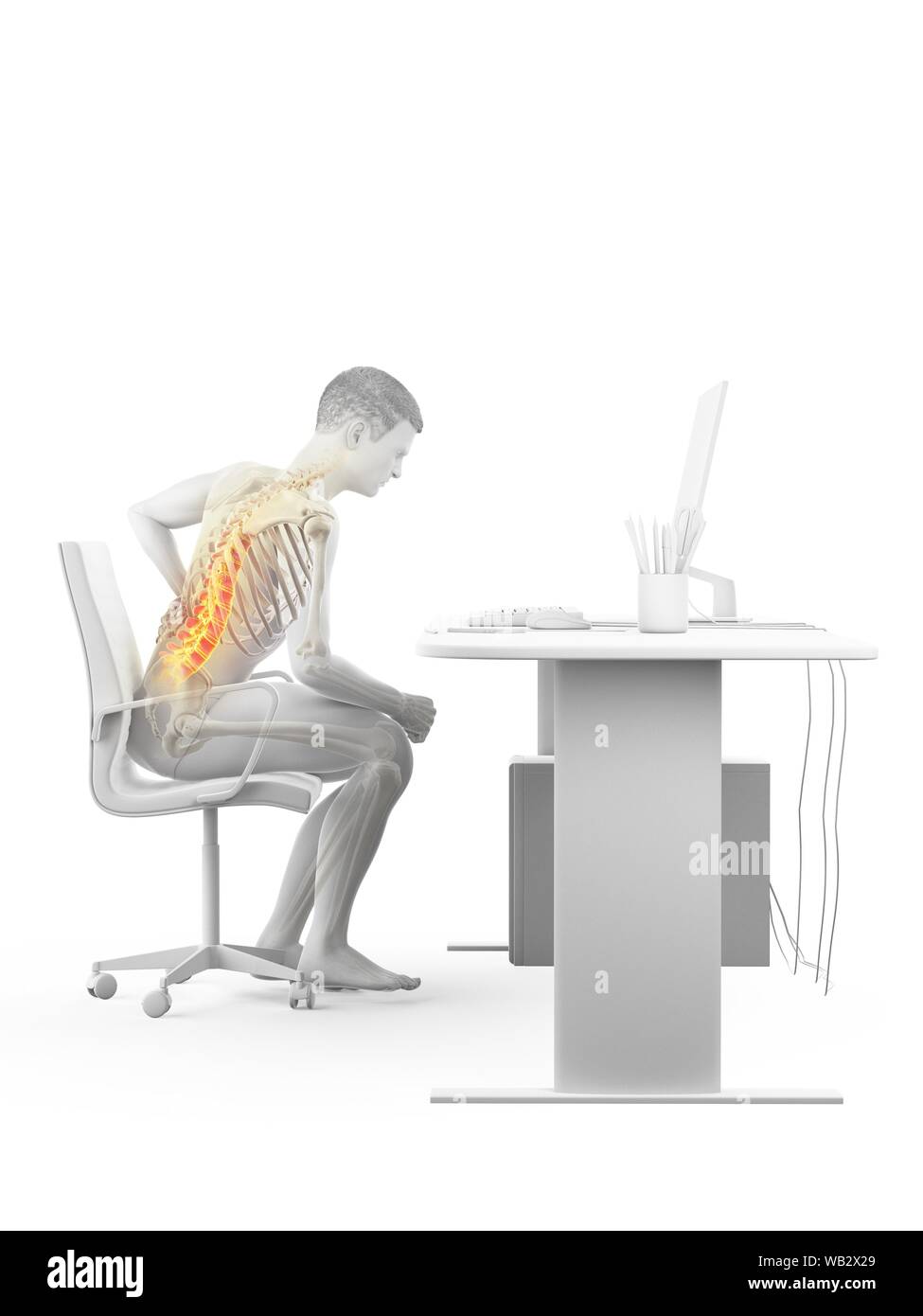Dolore alla schiena a causa di seduta, illustrazione concettuale. Foto Stock