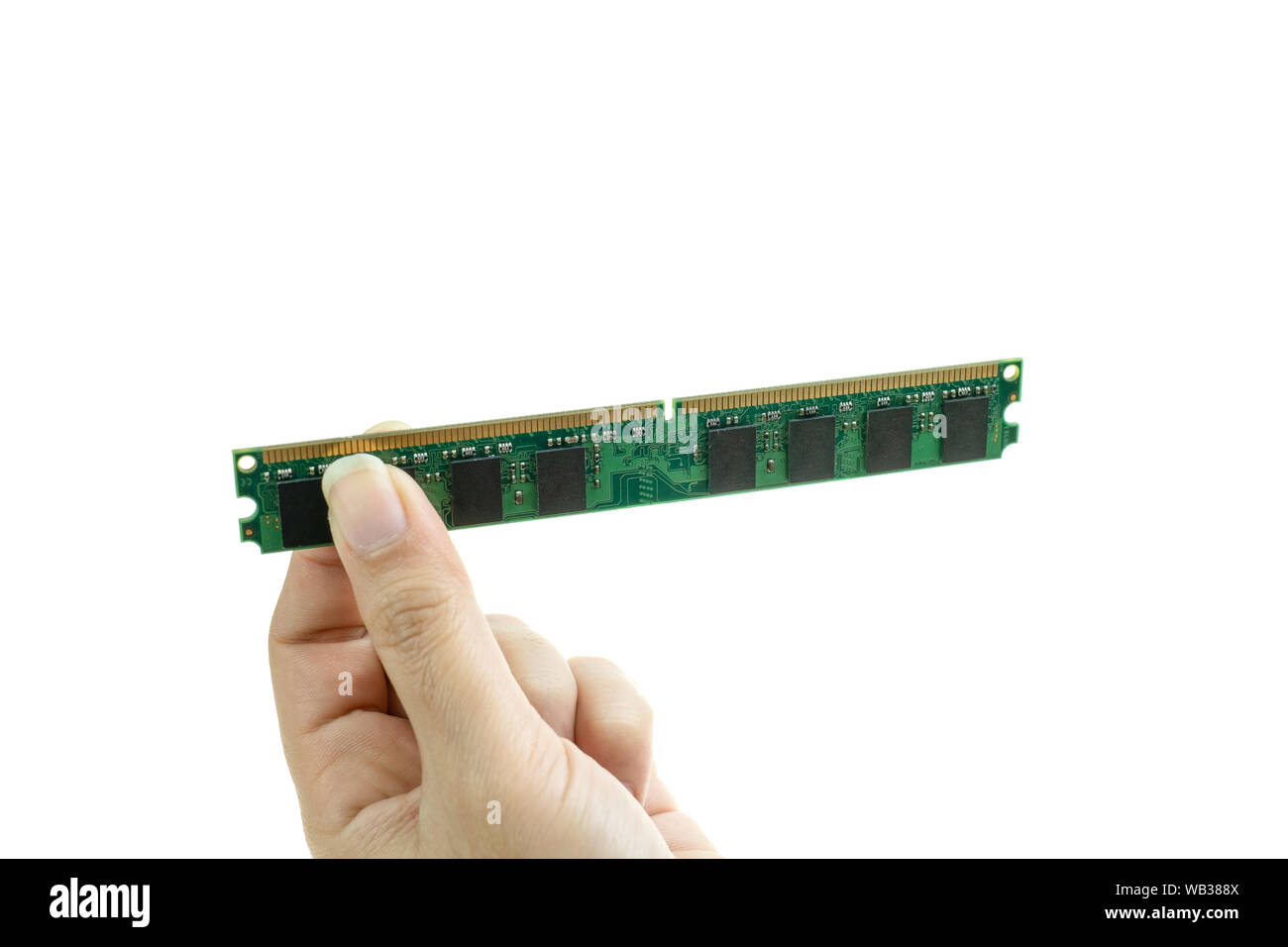 Apparecchiature informatiche DDR RAM 2 GB per PC a Lady mano a sfondo bianco Foto Stock
