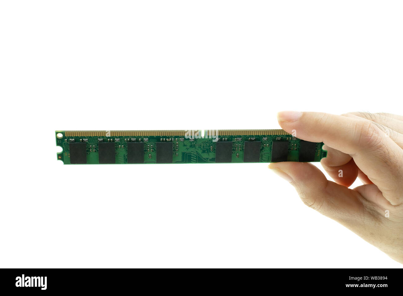 Apparecchiature informatiche DDR RAM 2 GB per PC a Lady mano a sfondo bianco Foto Stock