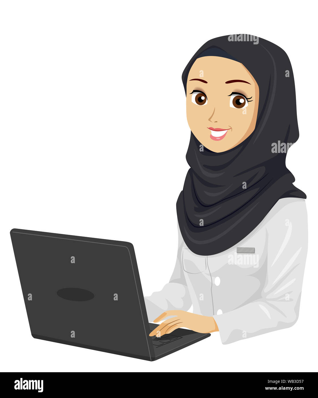 Illustrazione di un musulmano ragazza adolescente studente utilizzando un laptop che indossa bianco camici da laboratorio Foto Stock