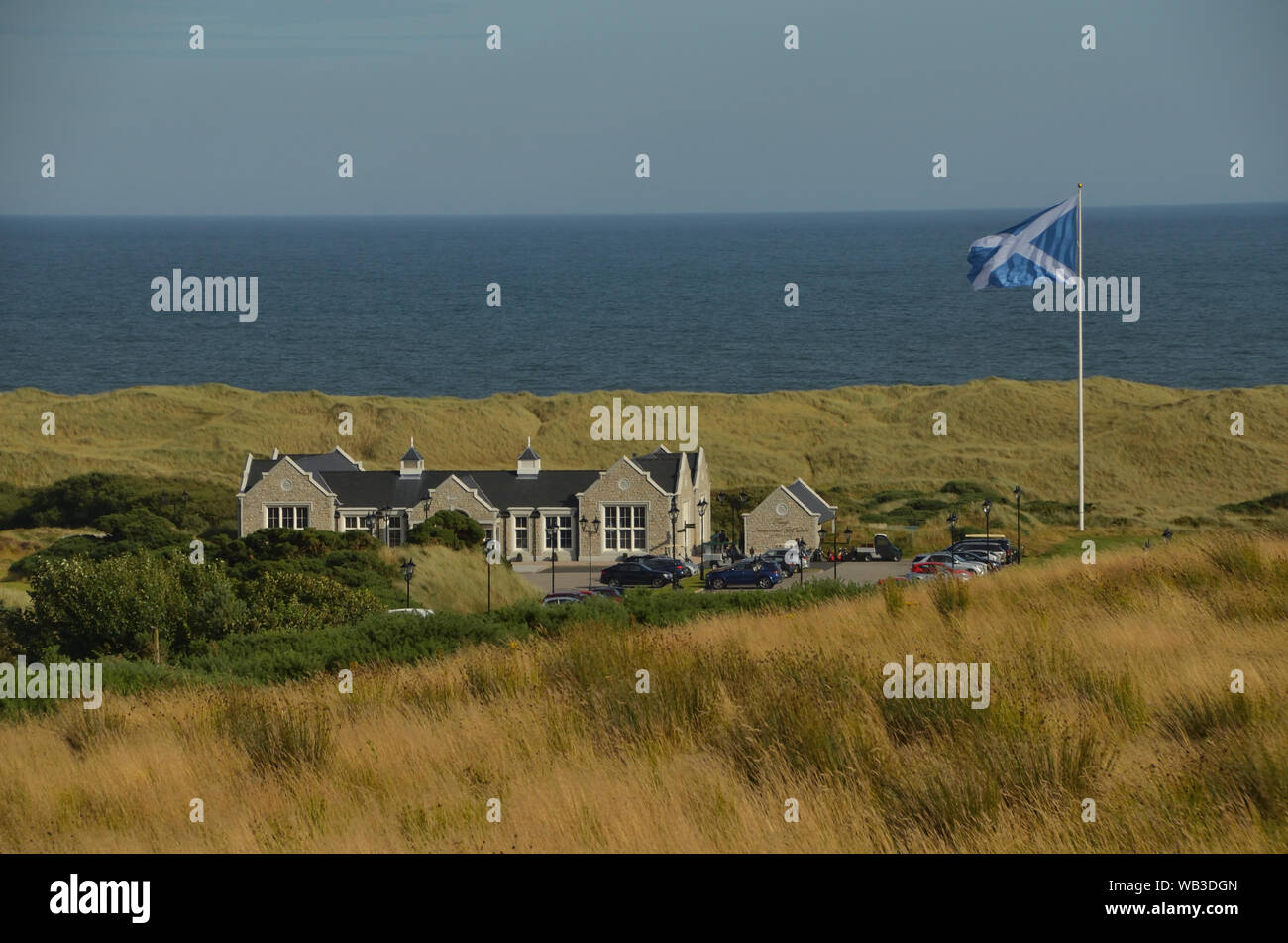 La Clubhouse al Trump International Golf Links resort in Aberdeenshire, sulla costa est della Scozia, Gran Bretagna Foto Stock