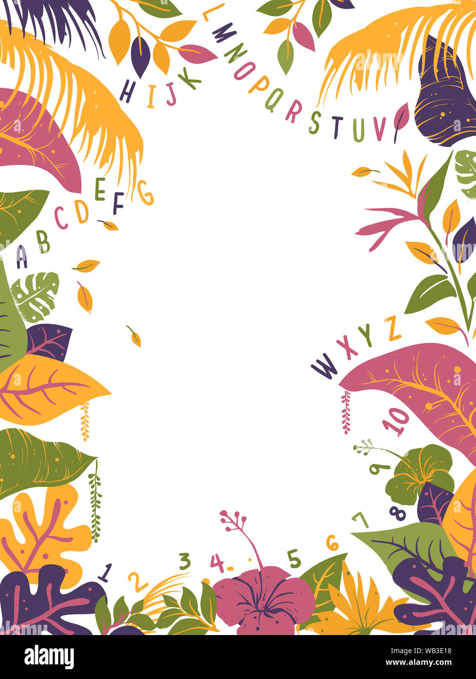 Illustrazione dello sfondo del telaio tropicale con alfabeto e numeri Foto Stock