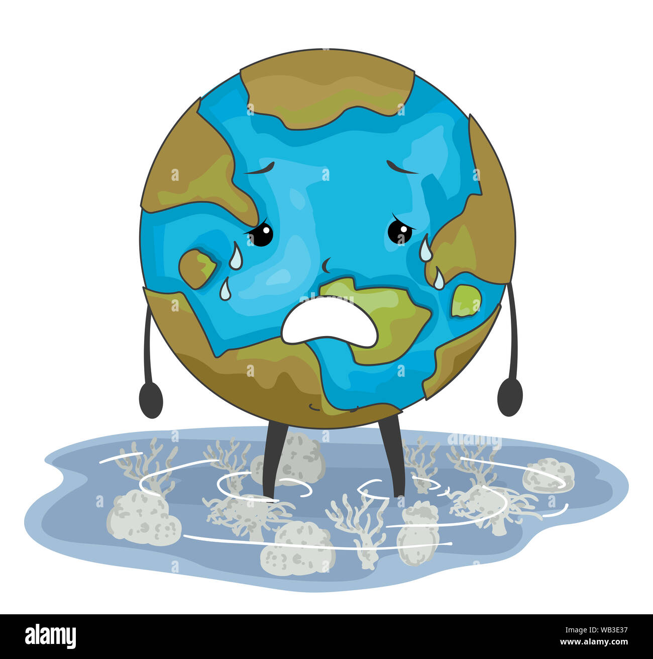 Illustrazione di una massa mascotte in piedi sul mare con la sbianca di corallo Foto Stock