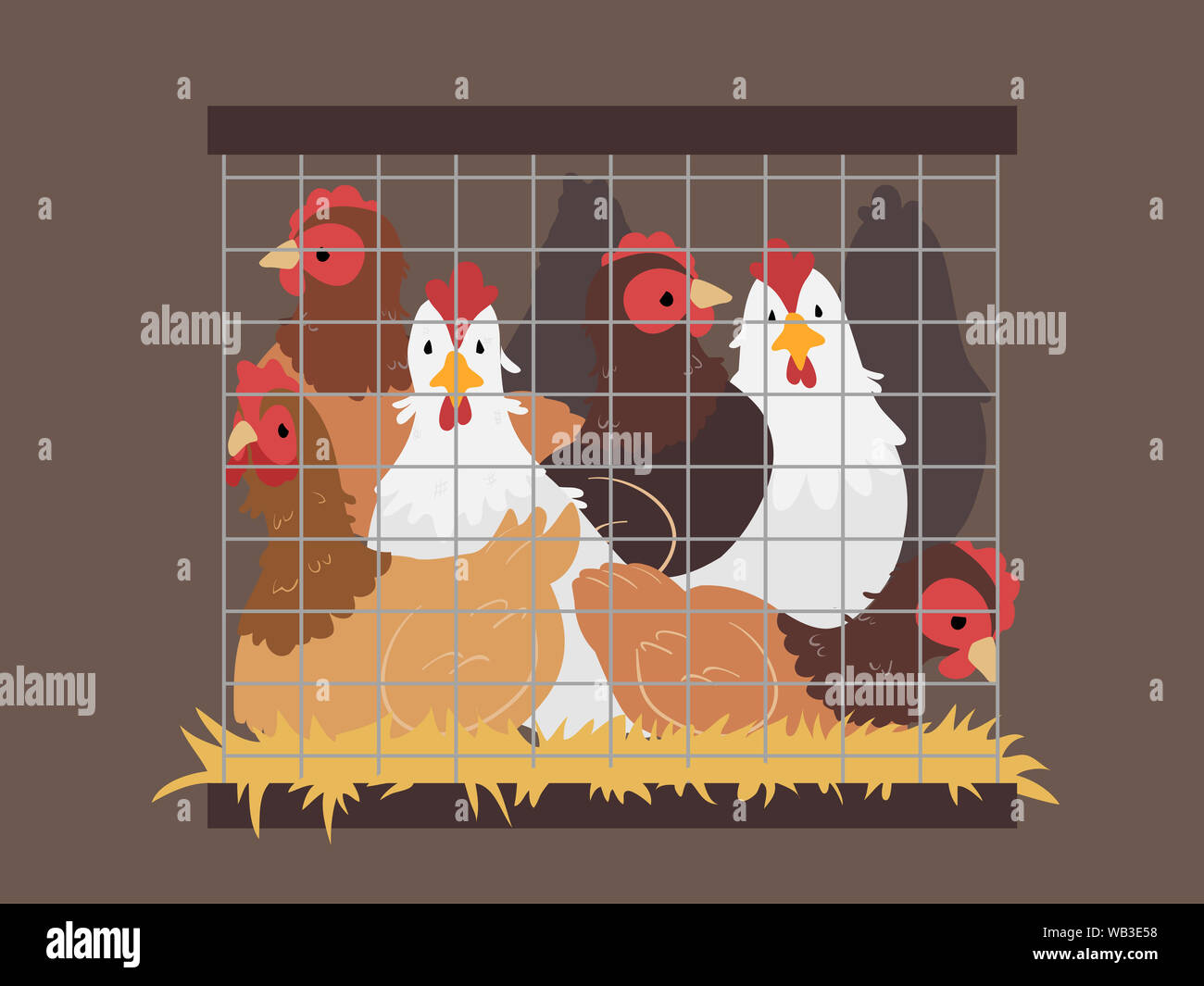 Illustrazione di molti polli bloccato all'interno di una gabbia piccola Foto Stock