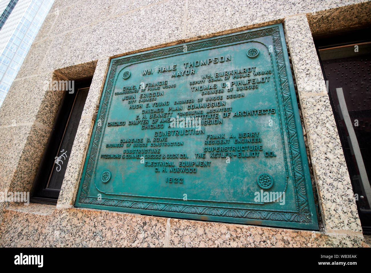 Costruzione della placca di marcatore su pozzi st bridge di chicago, illinois, Stati Uniti d'America Foto Stock