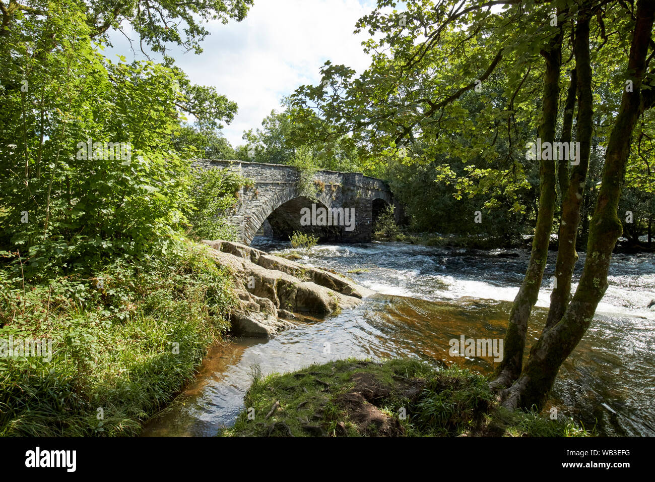 Alti livelli del fiume brathay che scorre sotto skelwith bridge nel parco nazionale del distretto dei laghi, England, Regno Unito Foto Stock