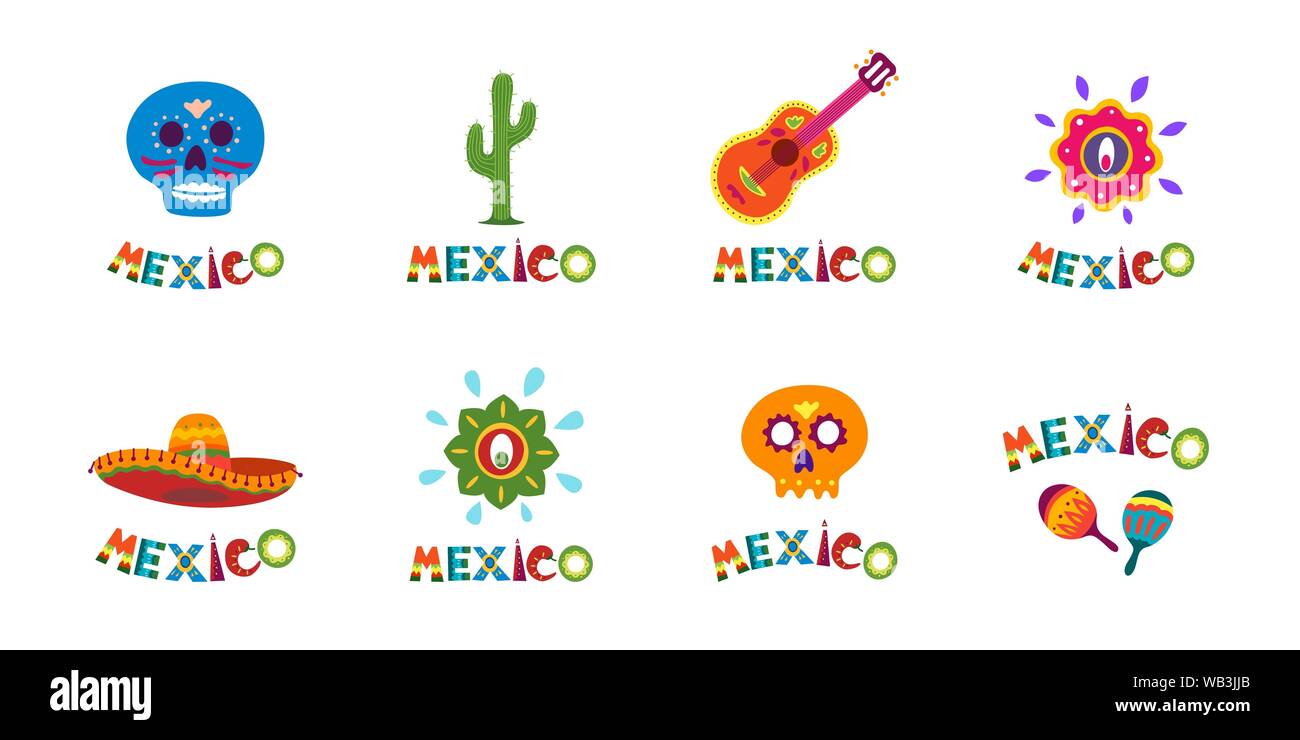 Collezione di banner tipografici messicani con set di decorazioni colorate. Festoso sombrero messicano e cactus vettore latino illustrazione ideale per festa nazionale celebrazione evento Illustrazione Vettoriale