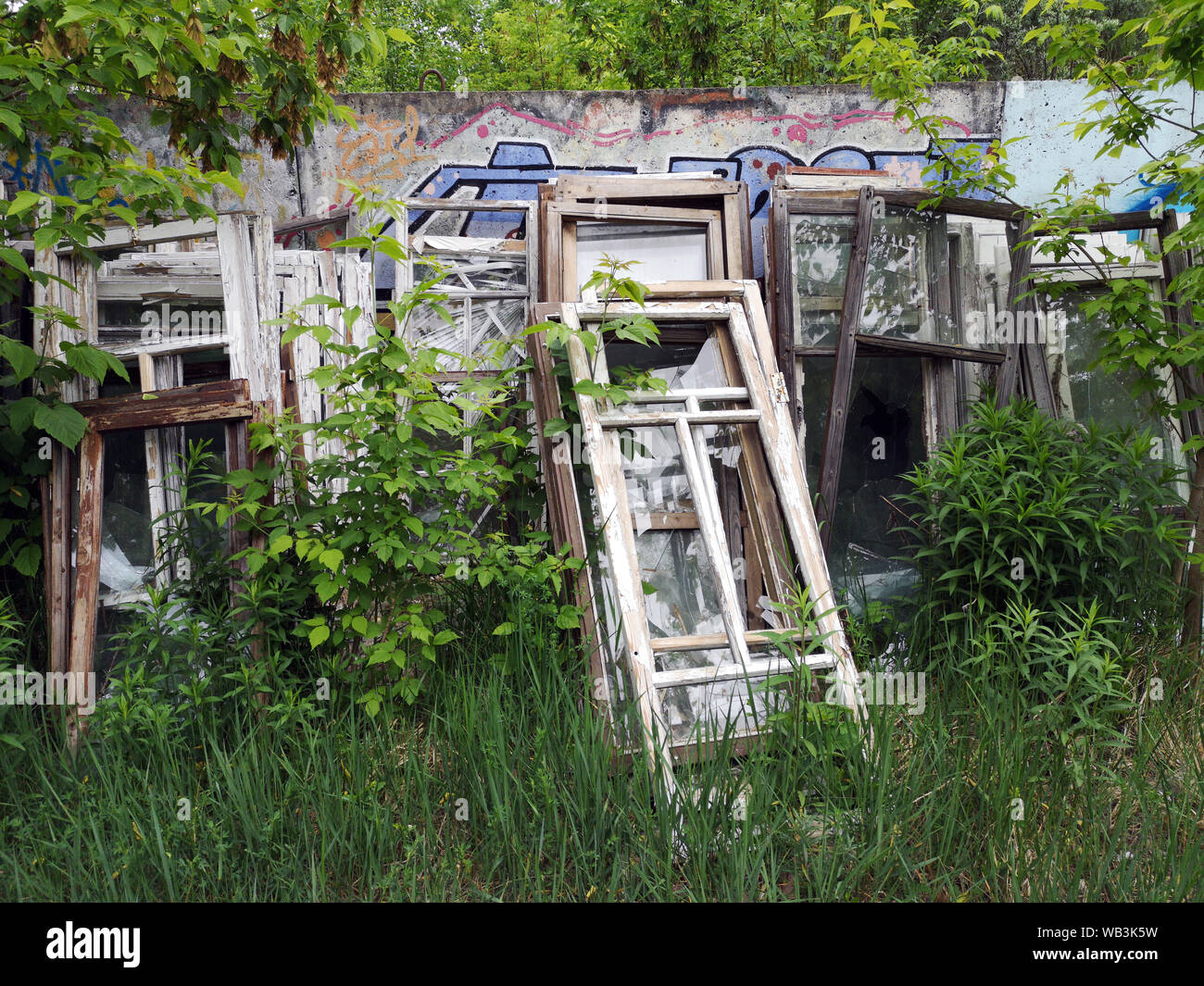 Rifiutato vecchi telai di finestra gruppo nel parco della città Foto Stock