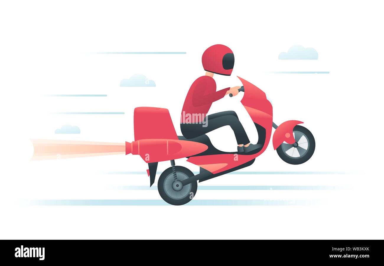 Corriere in rosso di moto con getto del motore a razzo. Servizio di consegna o moto racing concept. Biker rides scooter sulla ruota posteriore. Vector illu Illustrazione Vettoriale