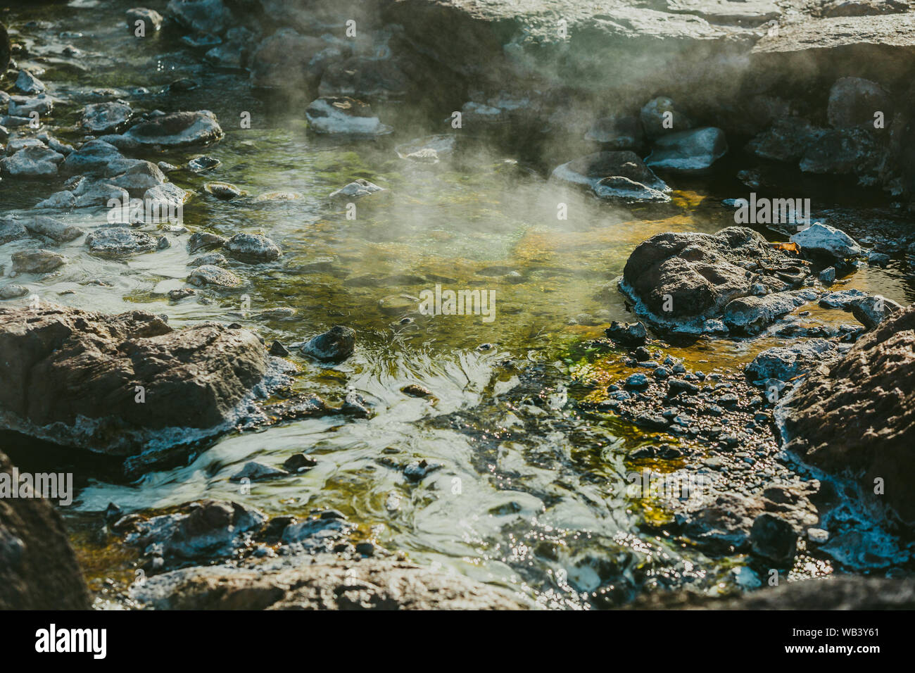 Vapore e aumento di zolfo da una coloratissima primavera calda sulla superficie della terra Foto Stock