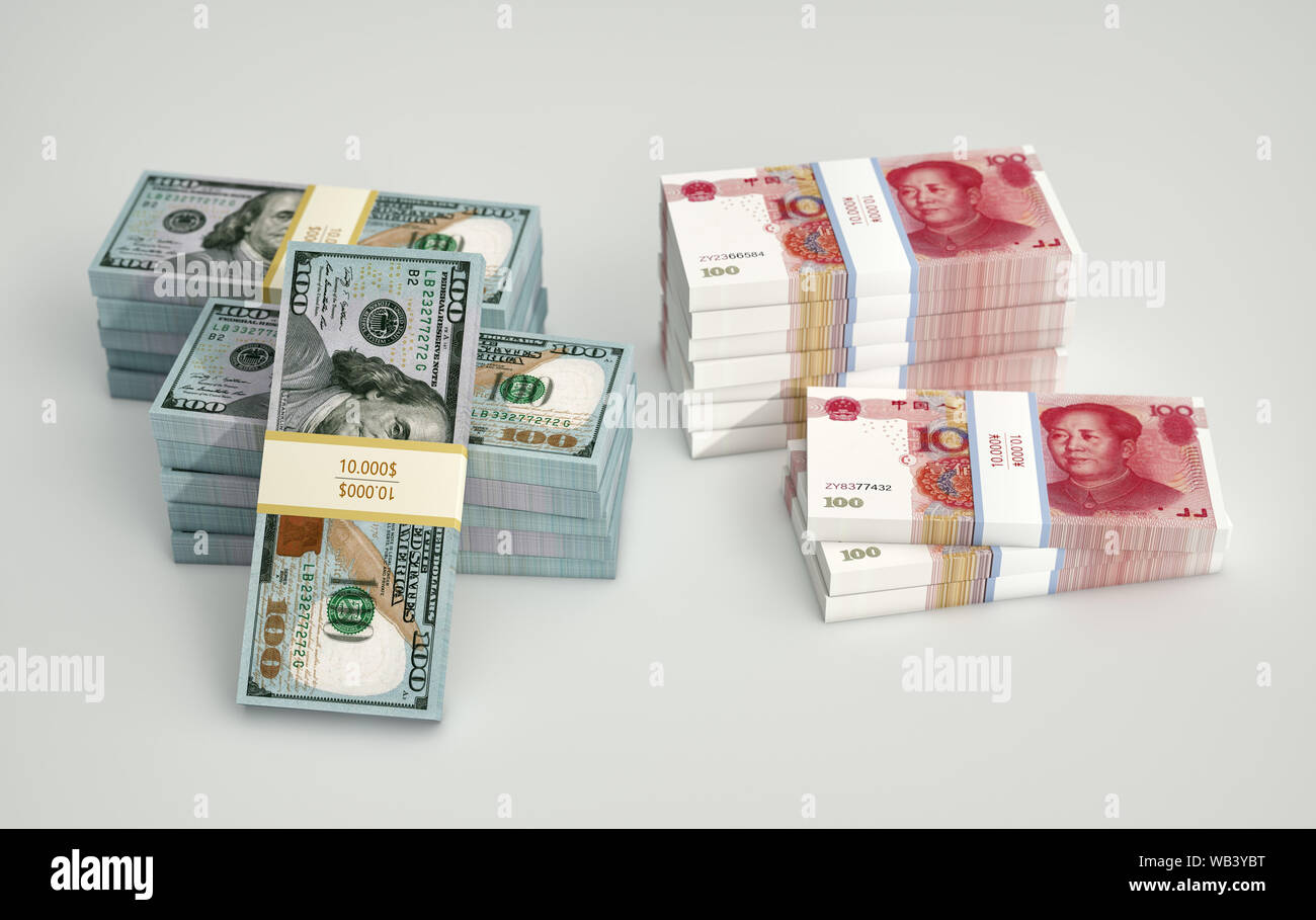 100 cinese Yuan fatture e 100 fatture del dollaro. - Il rendering 3D Foto Stock
