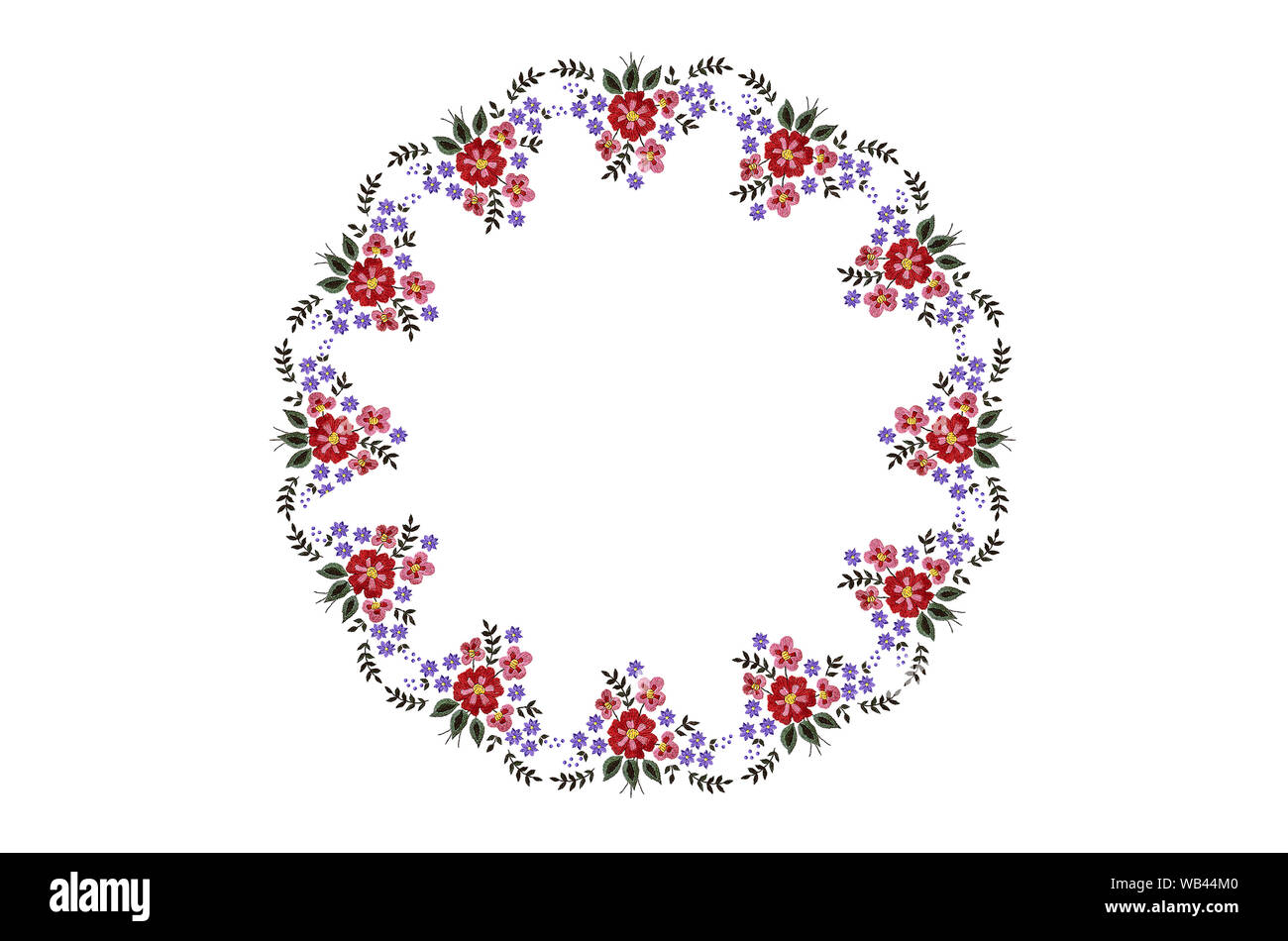Rotondi per il tovagliolo ricamo con bouquet di rosso e viola fiori e foglie su sfondo bianco Foto Stock