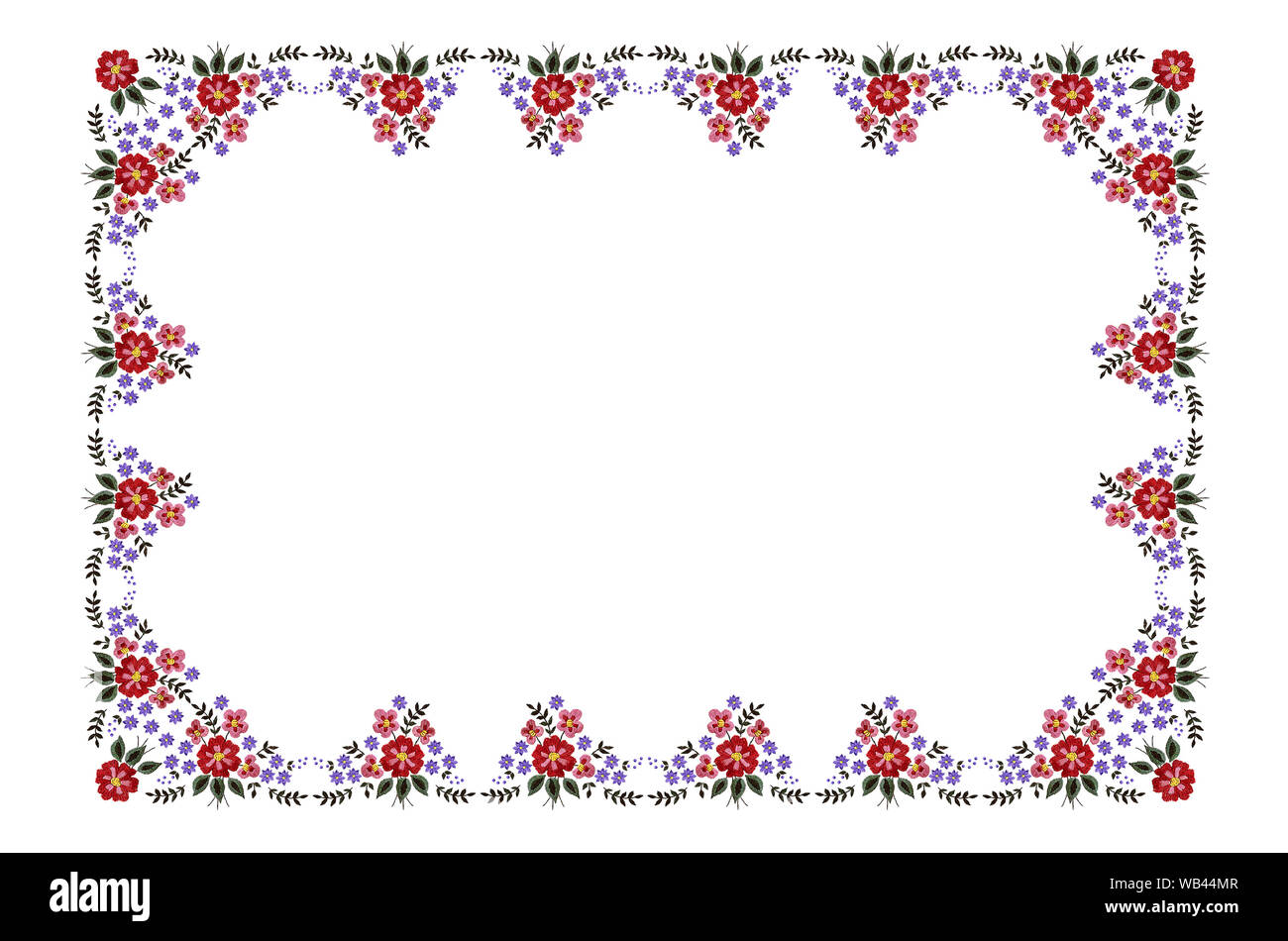 Telaio di pattern per ricamo tovaglia dal bouquet di rosso e fiori viola con foglie su sfondo bianco Foto Stock