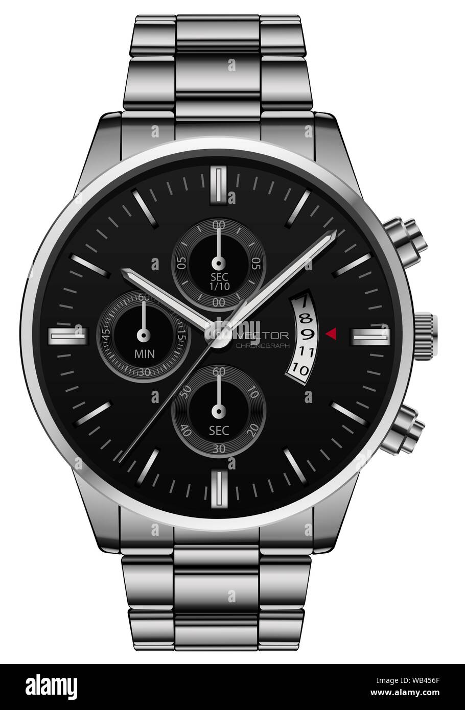 Orologio realistico guardare in acciaio inossidabile nero faccia di lusso per gli uomini su sfondo bianco illustrazione vettoriale. Illustrazione Vettoriale