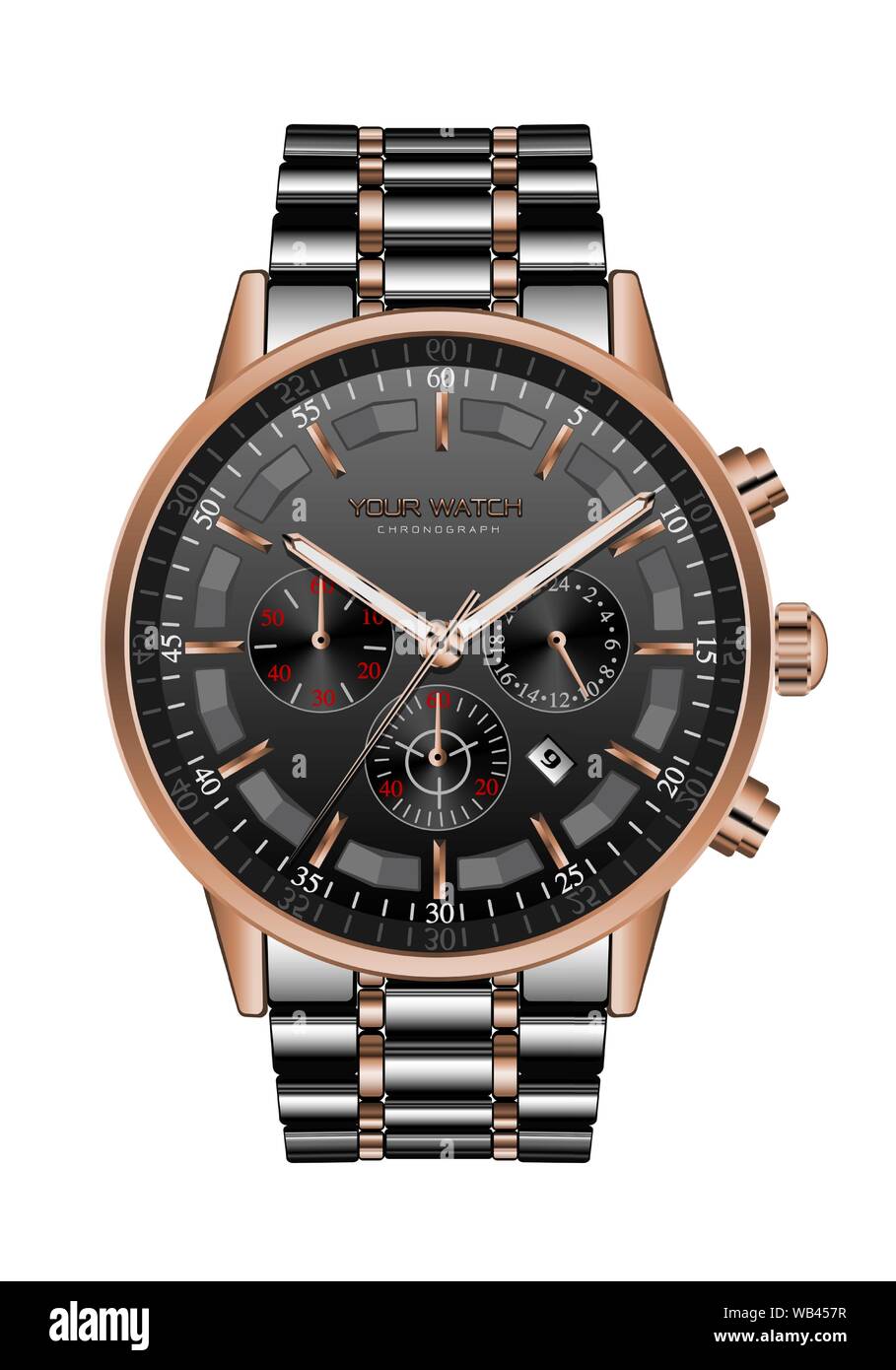 Realistico orologio orologio cronografo acciaio nero di lusso in rame per gli uomini su bianco illustrazione vettoriale. Illustrazione Vettoriale