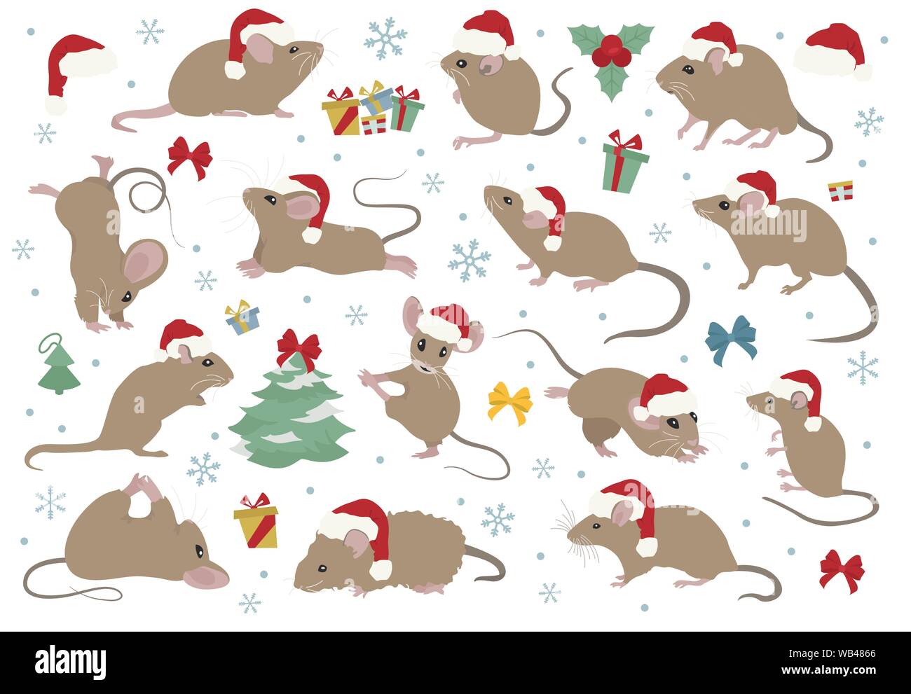 Differenti topi collezione natalizia. Mouse pone ed esercizi. Cartoon carino anno nuovo set di clipart. Illustrazione Vettoriale Illustrazione Vettoriale