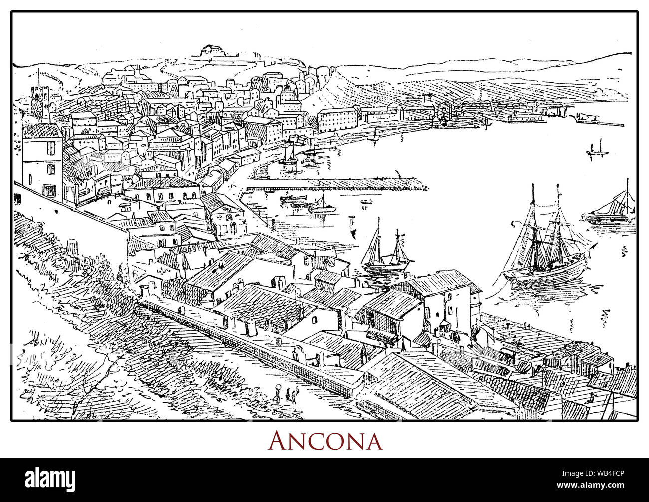 Tabella illustrata con una vista panoramica della città di porto di Ancona nelle Marche in Italia centrale, da un lessico del XIX secolo Foto Stock