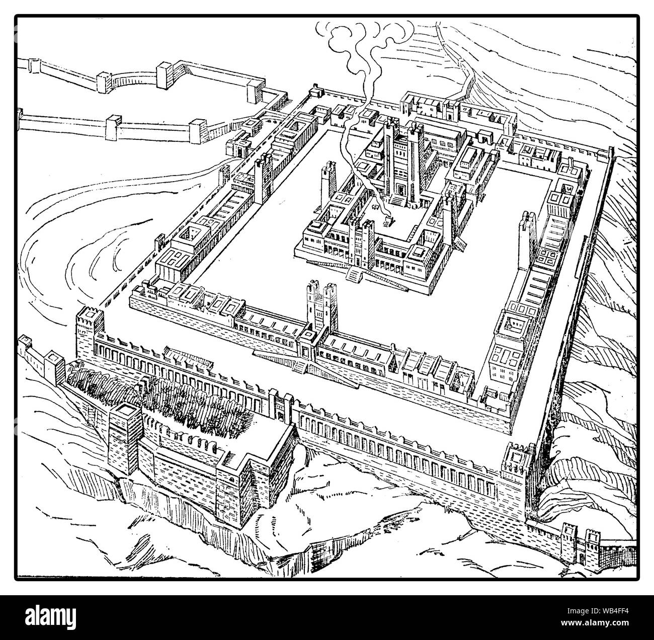 La ricostruzione del tempio di Gerusalemme a Erode il Grande vecchio volte:L'edificio su una spianata alta circondata da mura Foto Stock