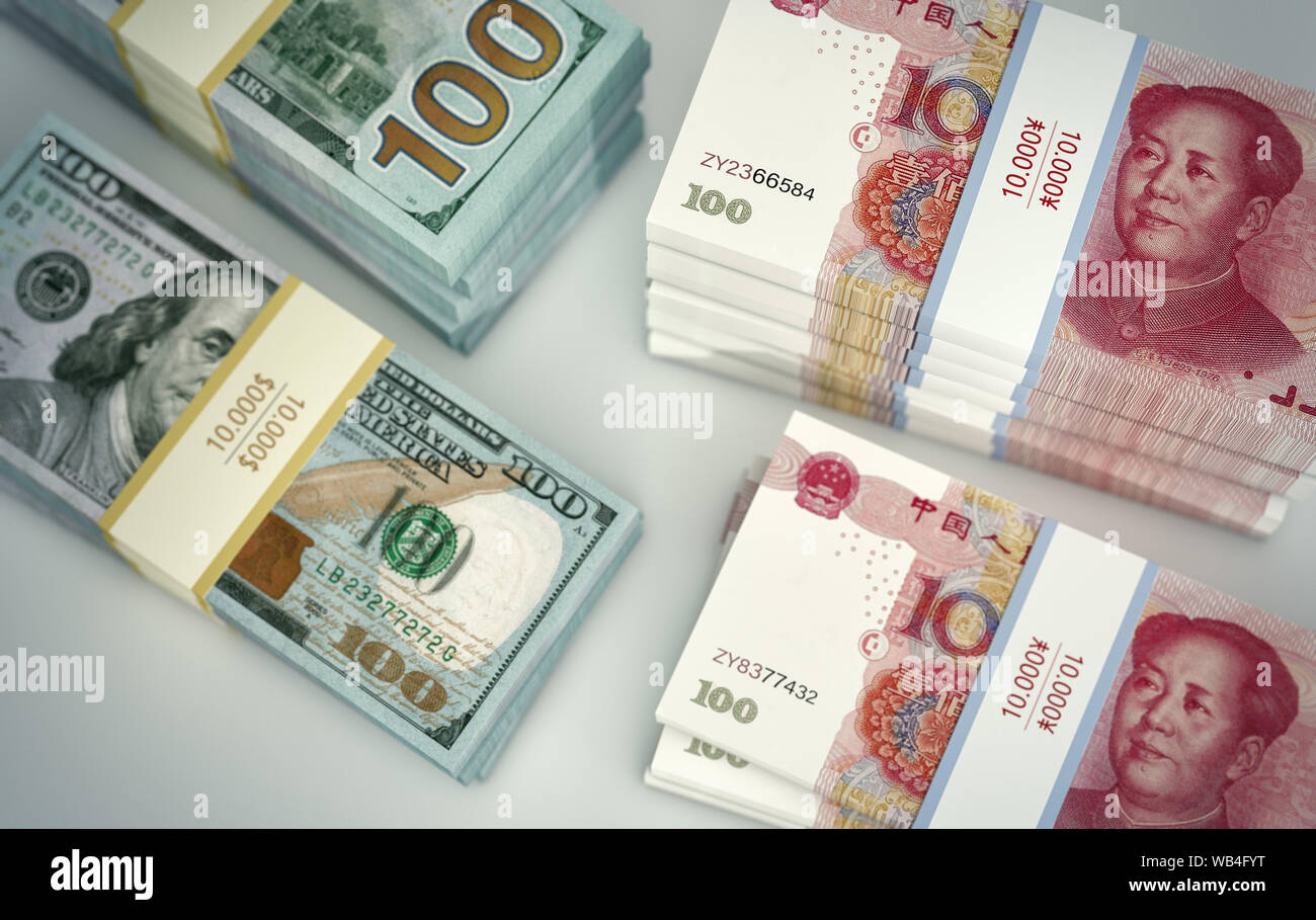 100 cinese Yuan fatture e 100 fatture del dollaro. - Il rendering 3D Foto Stock