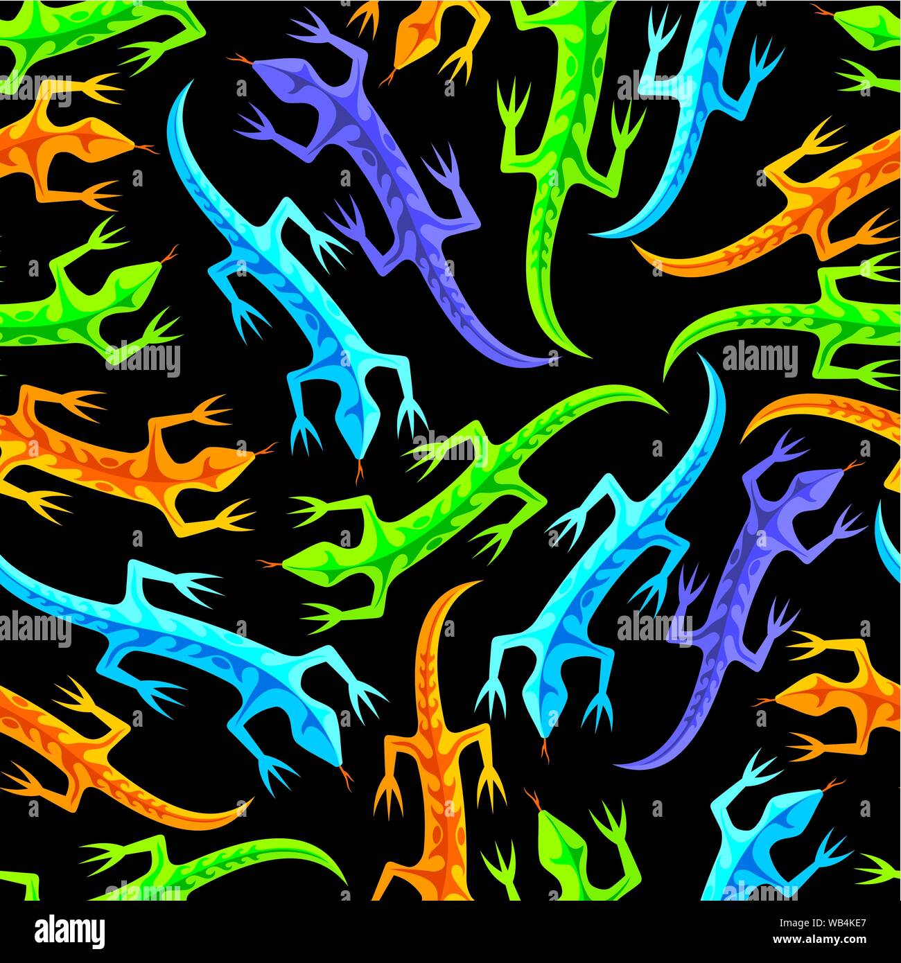 Tribal lucertole seamless tile pattern isolati su sfondo nero. Quattro icone colorate. Blu, verde, viola e arancione. Illustrazione Vettoriale