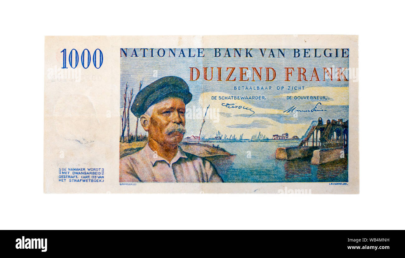 Vecchia banconota belga di 1000 franchi mostra Hendrik Geeraert che ha aperto le chiuse del fiume Yser, arrestare l'avanzamento esercito tedesco durante il WW1 Foto Stock