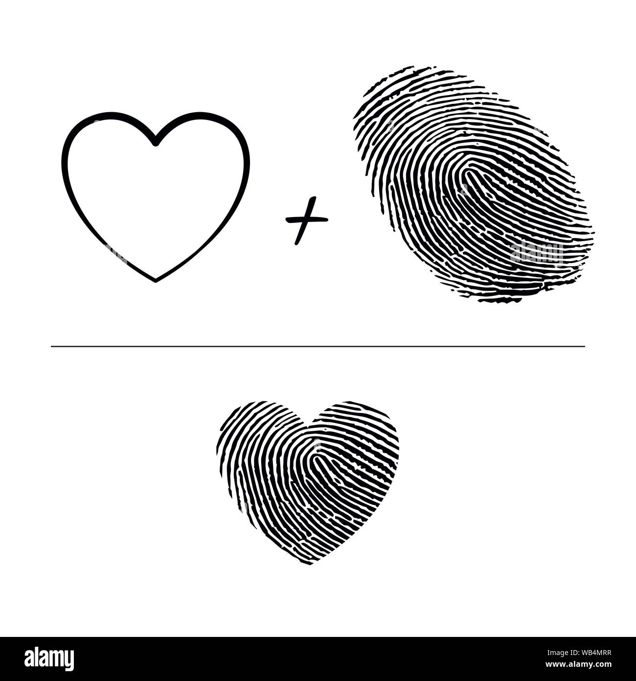 Impronta digitale in una forma di cuore concetto romantico. Impronte digitali concetto d'amore. Simbolo di amore per salvare la data del matrimonio, invito a nozze. Illustrazione Vettoriale
