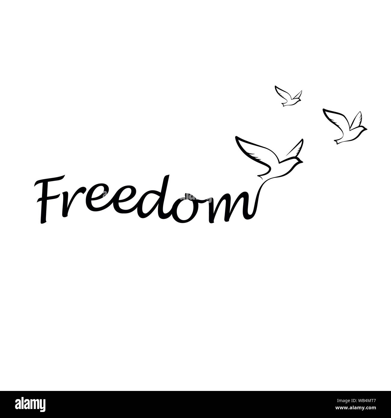 Uccelli in volo da libertà slogan. Concetto di libertà. Silhouette di uccelli creati di libertà testo. Libertà modello logo. Illustrazione Vettoriale