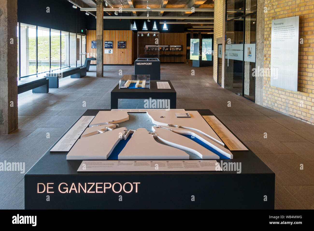 Modello in scala del complesso di chiuse Ganzepoot a Westfront Nieuwpoort / Nieuport, museo circa le inondazioni del Yser pianura in WWI, Fiandre, in Belgio Foto Stock