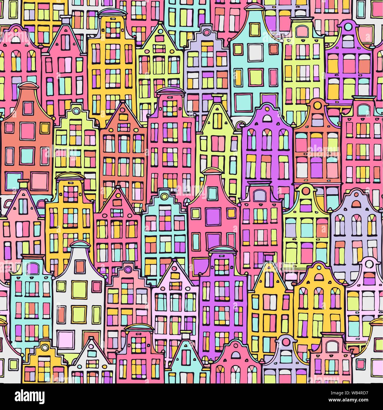 Disegnata a mano doodle case scandinavo. Carino sfondo senza giunture. Case colorate. Netherlandish tracciata hous seamless pattern. La città di Amsterdam modello di disegno Illustrazione Vettoriale