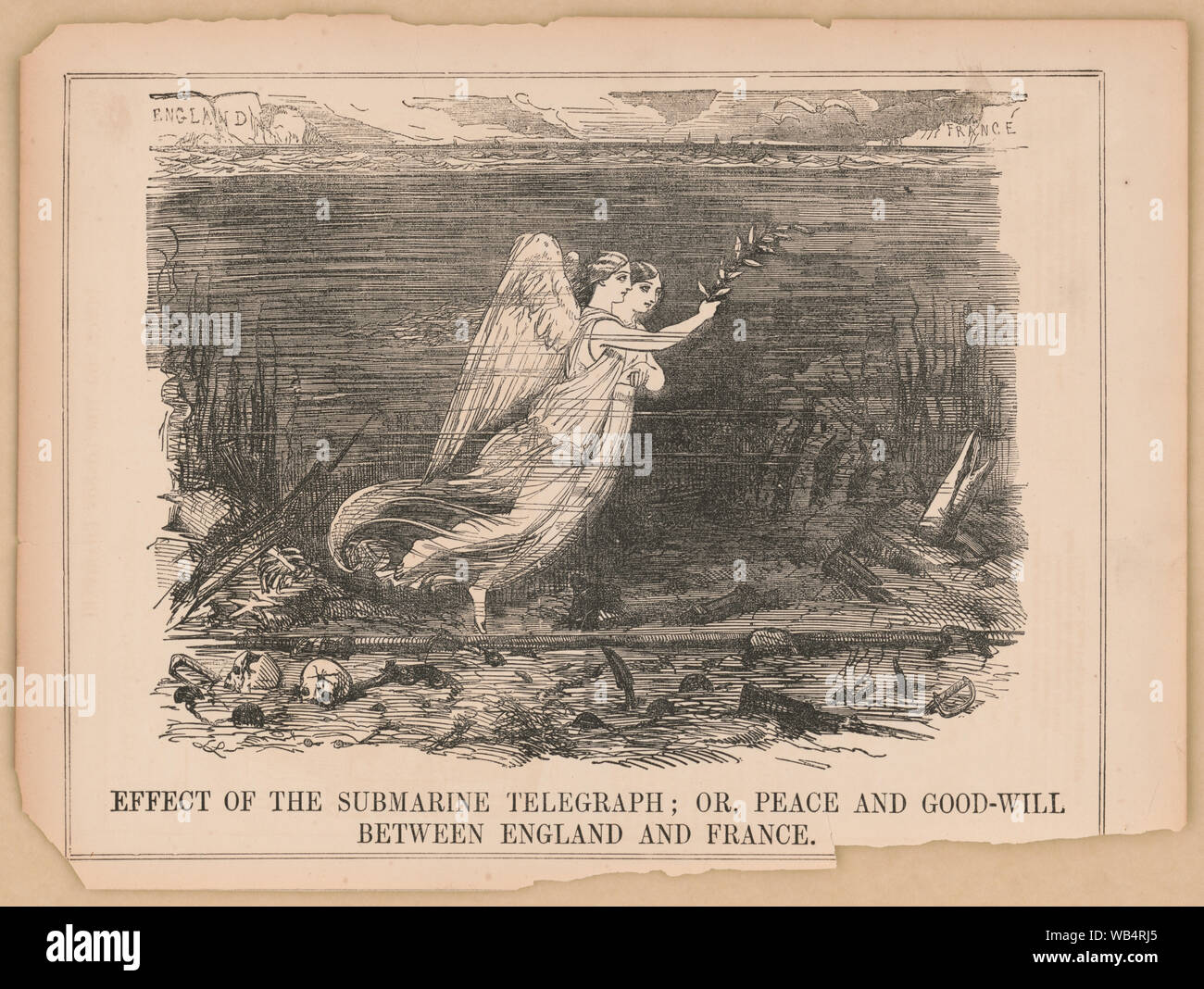 Effetto del telegrafo sottomarino; o la pace e la buona volontà tra Inghilterra e Francia Riassunto/medio: 1 stampa : incisione su legno ; foglio 20.7 x 27.6 cm. Foto Stock