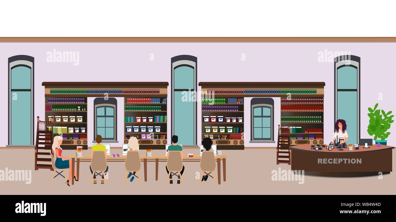 Vettore di una biblioteca moderna con interni a scaffali, scrivanie e agli studenti la lettura di libri Illustrazione Vettoriale